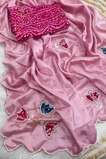 Pink Color Hand CutDana Bandhni And Butta Work art silk saree
