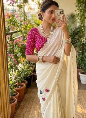 White Color Hand CutDana Bandhni And Butta Work art silk saree 1
