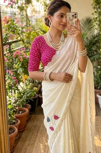 White Color Hand CutDana Bandhni And Butta Work Silk Saree