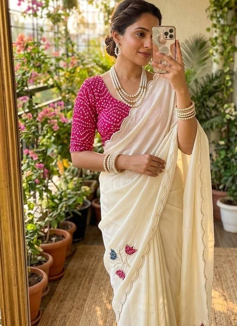 White Color Hand CutDana Bandhni And Butta Work Silk Saree