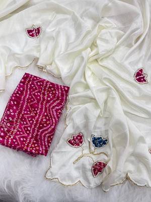 White Color Hand CutDana Bandhni And Butta Work art silk saree 3