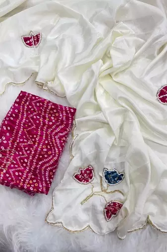 White Color Hand CutDana Bandhni And Butta Work art silk saree