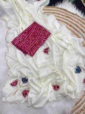White Color Hand CutDana Bandhni And Butta Work art silk saree 4