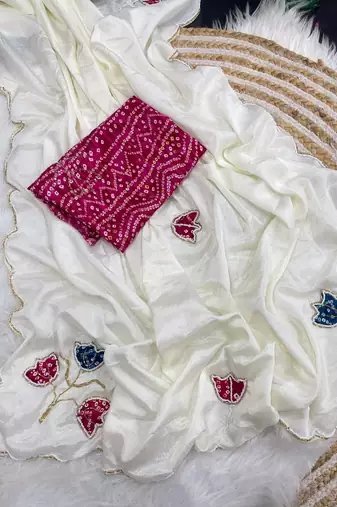 White Color Hand CutDana Bandhni And Butta Work art silk saree