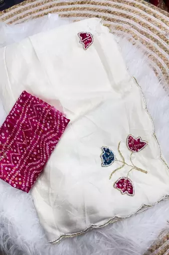 White Color Hand CutDana Bandhni And Butta Work art silk saree
