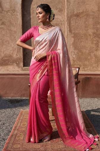 Pink Color ZARI & Dual Sequins Embroidery work Faux Georgette Saree