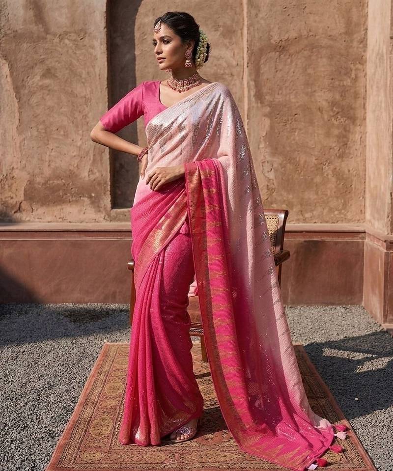 Pink Color ZARI & Dual Sequins Embroidery work Faux Georgette Saree