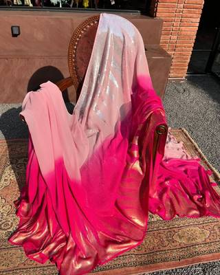 Pink Color ZARI & Dual Sequins Embroidery work Faux Georgette Saree 3