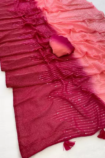 Pink Color ZARI & Dual Sequins Embroidery work Faux Georgette Saree
