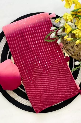 Pink Color ZARI & Dual Sequins Embroidery work Faux Georgette Saree
