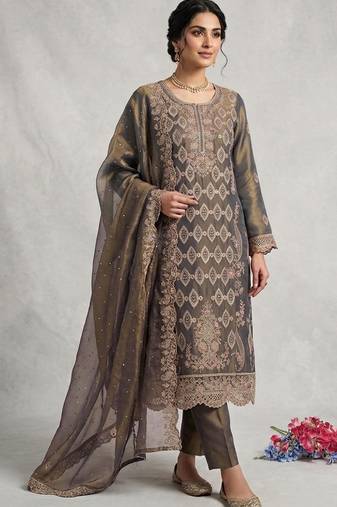 D green silk semi stitched suit with embroidery & sequence work