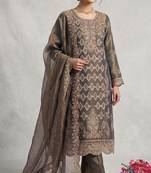 D green silk semi stitched suit with embroidery & sequence work