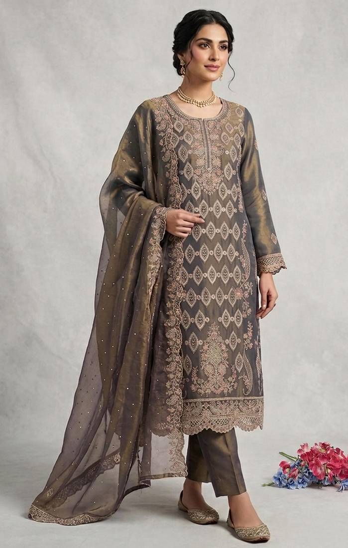 D green silk semi stitched suit with embroidery & sequence work