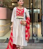 White embroidered silk kurti pant dupatta set | stitched party wear straight pant suit - red