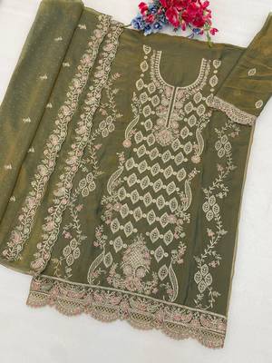 D green silk semi stitched suit with embroidery & sequence work 2