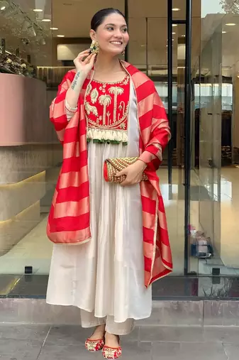White embroidered silk kurti pant dupatta set | stitched party wear straight pant suit - red