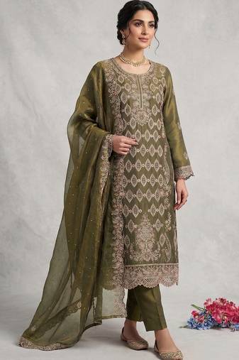 Mehendi silk semi stitched suit with embroidery & sequence work
