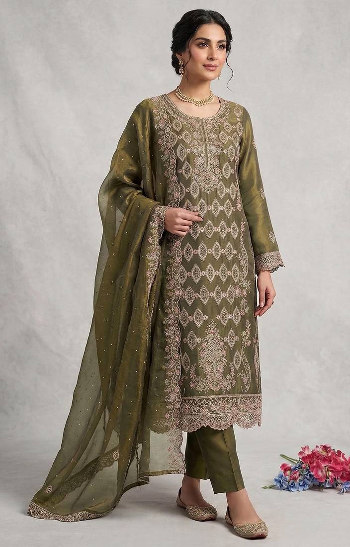 Mehendi silk semi stitched suit with embroidery & sequence work
