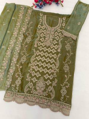 Mehendi silk semi stitched suit with embroidery & sequence work 2