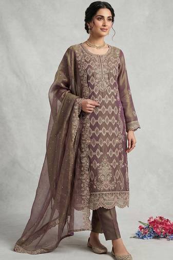 Purple silk semi stitched suit with embroidery & sequence work