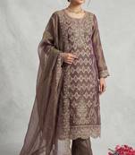 Purple silk semi stitched suit with embroidery & sequence work