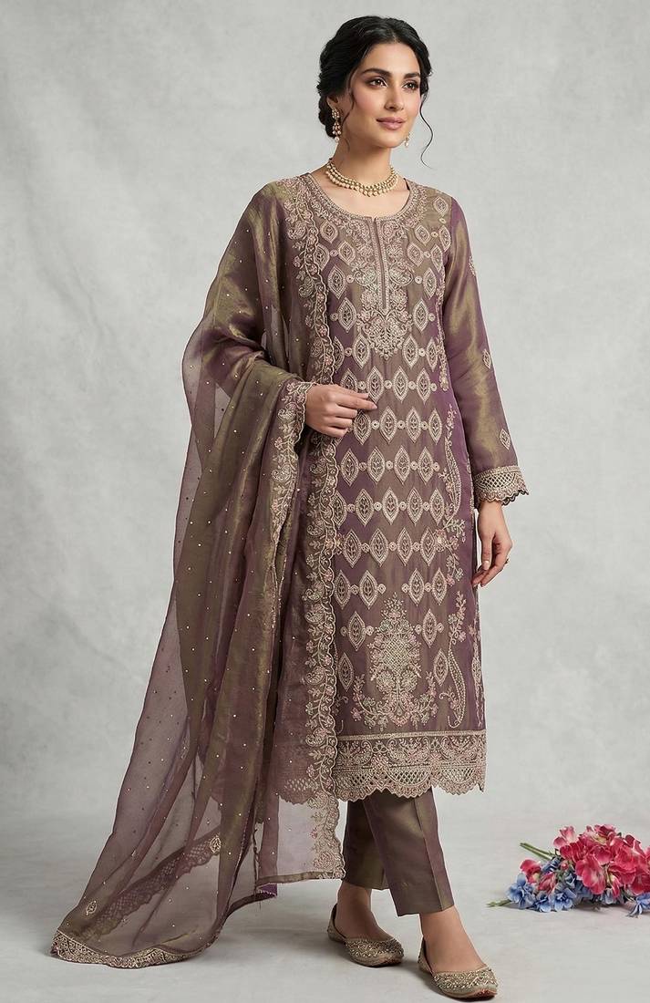 Purple silk semi stitched suit with embroidery & sequence work