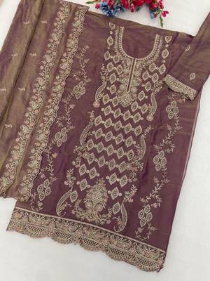 Purple silk semi stitched suit with embroidery & sequence work 2