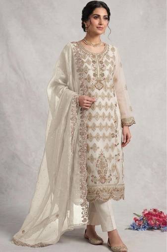 White silk semi stitched suit with embroidery & sequence work