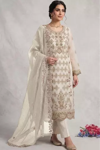 White silk semi stitched suit with embroidery & sequence work