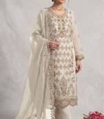 White silk semi stitched suit with embroidery & sequence work