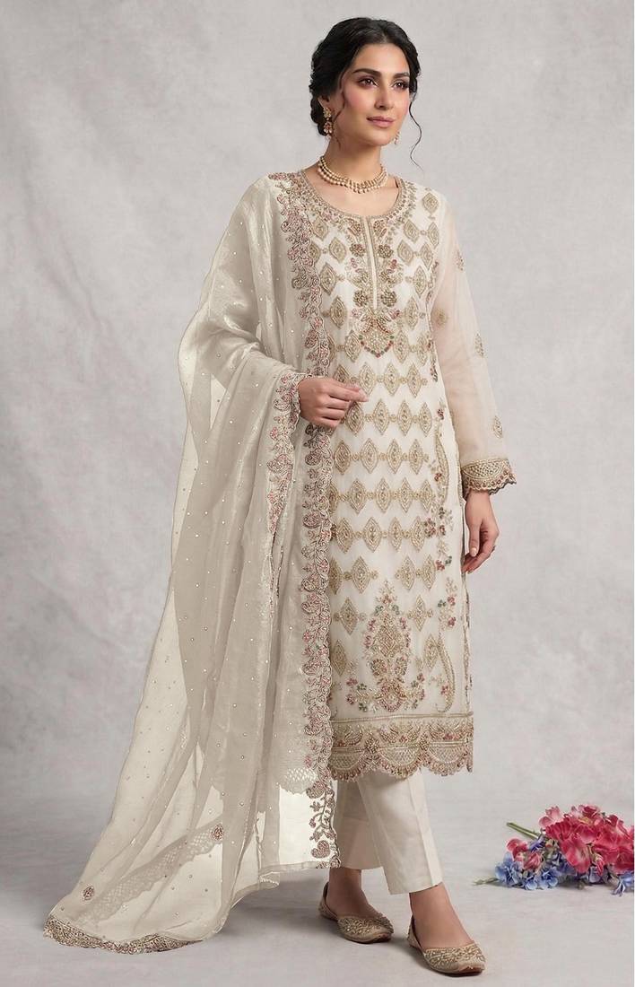 White silk semi stitched suit with embroidery & sequence work