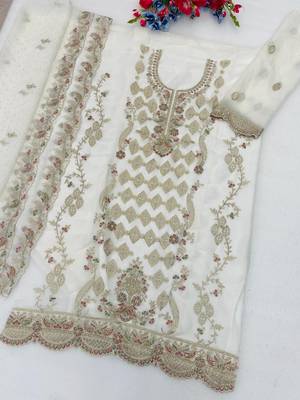 White silk semi stitched suit with embroidery & sequence work 2