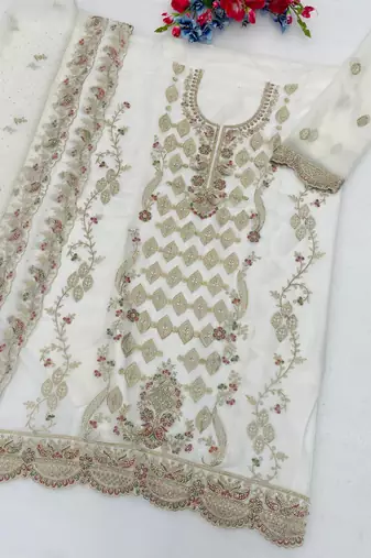 White silk suit with embroidered sequin 