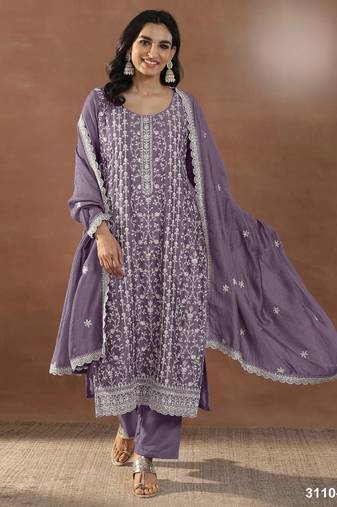 Purple silk semi stitched suit with embroidery & sequence work