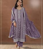 Purple silk semi stitched suit with embroidery & sequence work