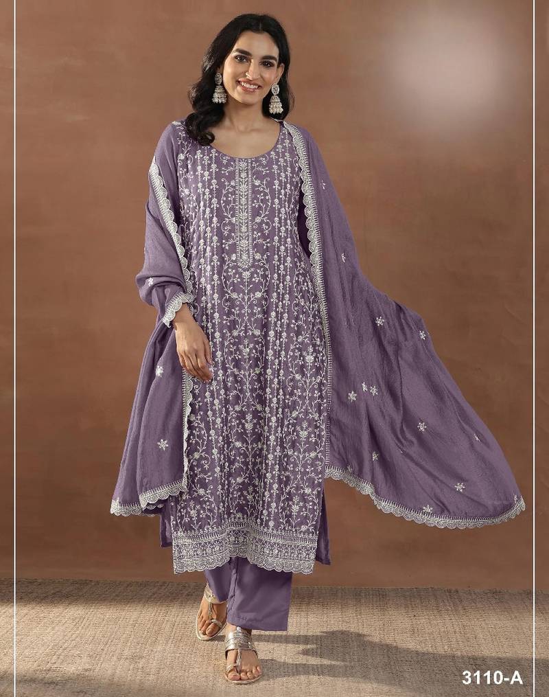Purple silk semi stitched suit with embroidery & sequence work