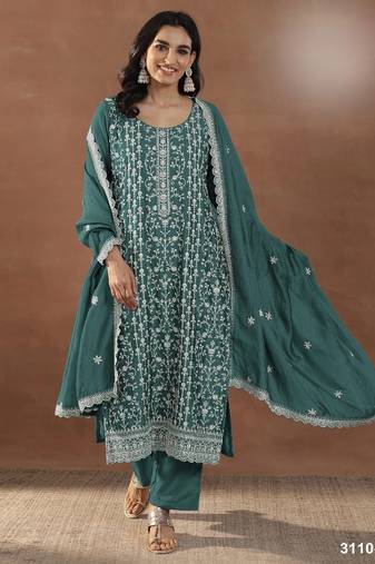 Emerald silk semi stitched suit with embroidery & sequence work