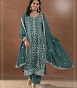 Emerald silk semi stitched suit with embroidery & sequence work