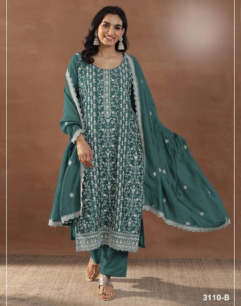 Emerald silk semi stitched suit with embroidery & sequence work
