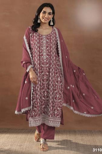 Maroon silk semi stitched suit with embroidery & sequence work