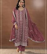 Maroon silk semi stitched suit with embroidery & sequence work