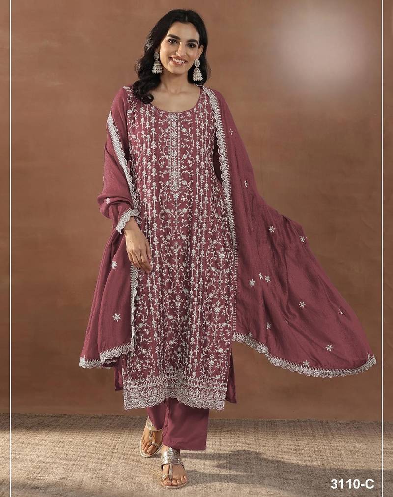 Maroon silk semi stitched suit with embroidery & sequence work