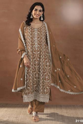 Dark mustard silk semi stitched suit with embroidery & sequence work