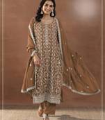 Dark mustard silk semi stitched suit with embroidery & sequence work