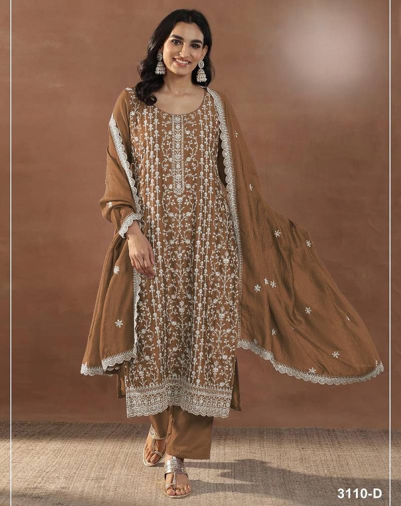 Dark mustard silk semi stitched suit with embroidery & sequence work