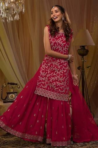 Red georgette semi stitched suit with embroidery & sequence work