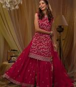 Red georgette semi stitched suit with embroidery & sequence work