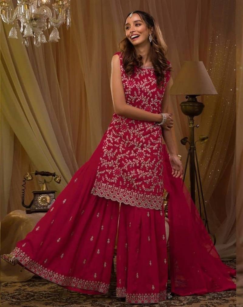 Red georgette semi stitched suit with embroidery & sequence work