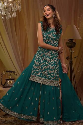 T green georgette semi stitched suit with embroidery & sequence work