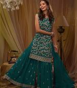T green georgette semi stitched suit with embroidery & sequence work
